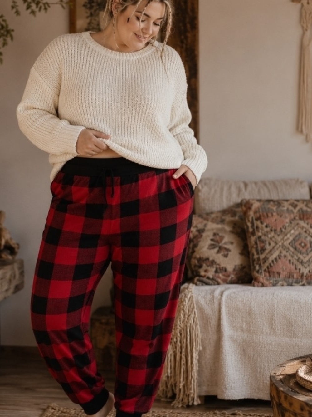 4/$15 Buffalo Plaid Cozy Lounge Joggers Red Black Pajama Pants | Cabincore Hygge